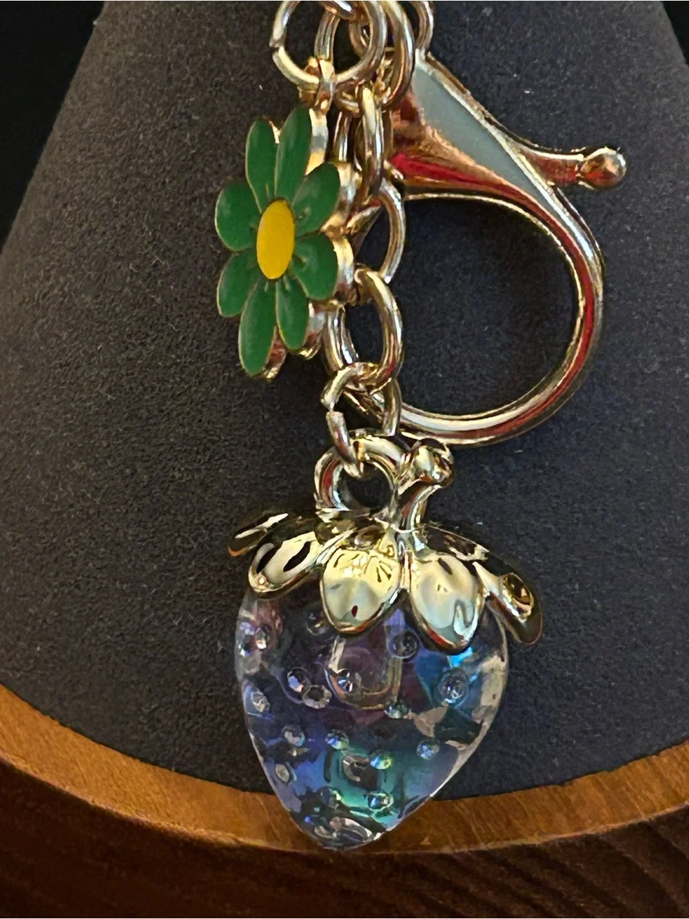 Gold-Tone & Iridescent Strawberry 🍓 & Color Enamel Flower Bag Charm Keychain NWT